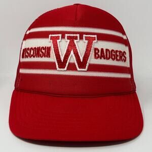 Vintage 80s Wisconsin Badgers Trucker Hat Baseball Cap Red 5 Panel Mesh Snapback